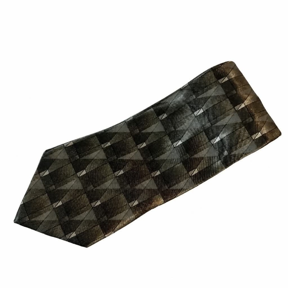 Vintage Don Loper Beverly Hills Tie Men Olive Green Charcoal Geometric Polyester